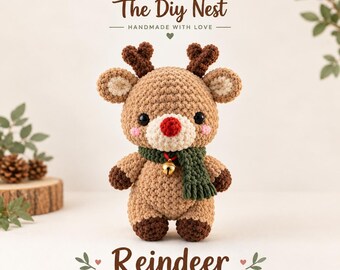 Reindeer Crochet Pattern PDF, Christmas Amigurumi, Chenille Plush Deer with Scarf and Bell, Beginner Friendly