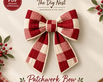 Nähanleitung für eine gesteppte Weihnachtsschleife, einfache Patchwork-Türdekoration für Anfänger, rot-weiß kariertes Landhaus-Weihnachtsmotiv (PDF)