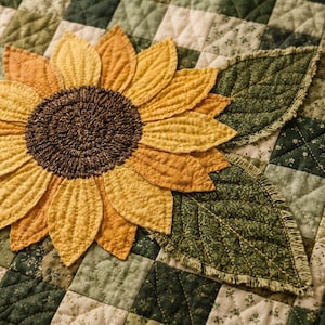 K&ouml;nnte beinhalten: Ein gestepptes Textil mit einer gro&szlig;en, dreidimensionalen Sonnenblumen-Applikation aus gelben und orangen Stoffbl&uuml;tenbl&auml;ttern und einer dunkelbraunen, strukturierten Mitte. Zwei gr&uuml;ne Stoffbl&auml;tter mit ausgefransten R&auml;ndern liegen auf einem Patchwork-Hintergrund.