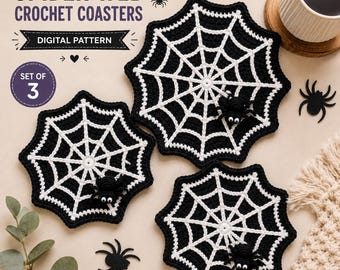 Spider Web Coaster Crochet Pattern, Set of 3 with 3D Spider, Beginner Halloween Mug Rug, Cotton Kitchen Decor