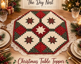 Christmas Table Topper Quilt Pattern, Octagon Star Centerpiece, Beginner Strip Pieced Sewing PDF, 25 inch Holiday Decor