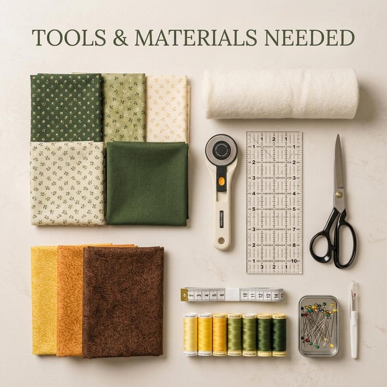 K&ouml;nnte beinhalten: Eine Sammlung von N&auml;hzubeh&ouml;r mit der Aufschrift TOOLS & MATERIALS NEEDED, bestehend aus Stoffquadraten in Gr&uuml;n, Creme, Gelb und Braun, einer wei&szlig;en Stoffrolle, einem Rollschneider, einem transparenten Lineal, einer Schere, einem Ma&szlig;band, Garnrollen und Stecknadeln.