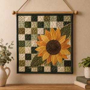 K&ouml;nnte beinhalten: Ein quadratischer, gesteppter Wandbehang mit einem Karomuster aus verschiedenen gr&uuml;nen und cremefarbenen Stoffen. Eine gro&szlig;e, dreidimensionale Sonnenblume mit gelben und orangefarbenen Bl&uuml;tenbl&auml;ttern und einer dunkelbraunen, strukturierten Mitte ist auf den Quilt appliziert.