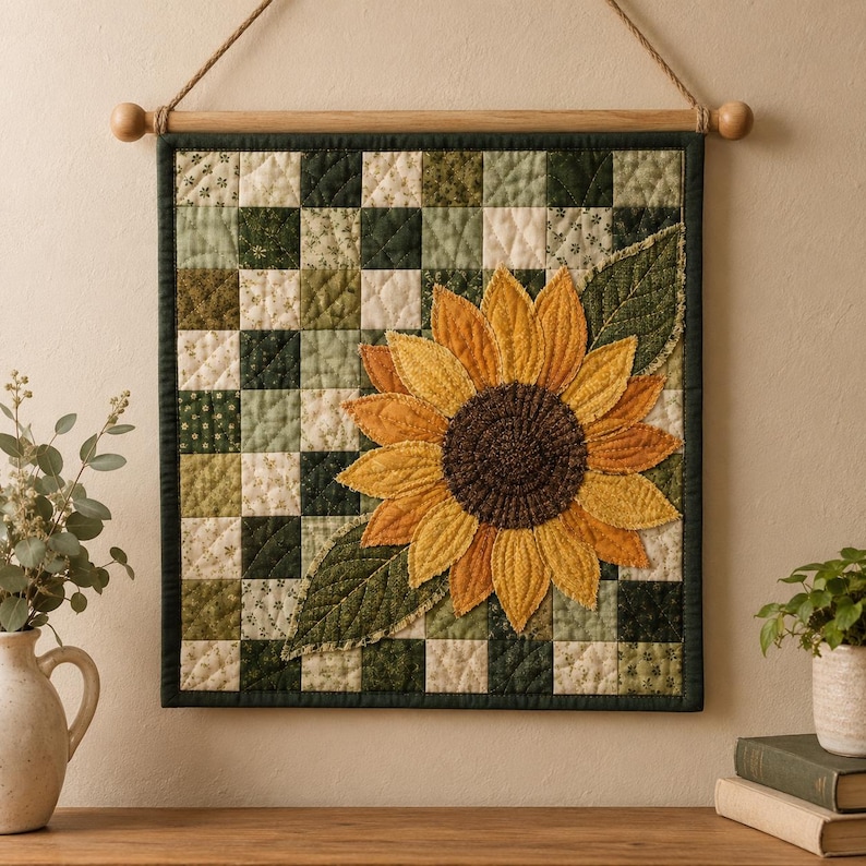 K&ouml;nnte beinhalten: Ein quadratischer, gesteppter Wandbehang mit einem Karomuster aus verschiedenen gr&uuml;nen und cremefarbenen Stoffen. Eine gro&szlig;e, dreidimensionale Sonnenblume mit gelben und orangefarbenen Bl&uuml;tenbl&auml;ttern und einer dunkelbraunen, strukturierten Mitte ist auf den Quilt appliziert.