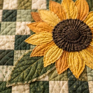 K&ouml;nnte beinhalten: Ein gestepptes Stoffst&uuml;ck mit einer gro&szlig;en, dreidimensionalen Sonnenblume mit gelben und orangefarbenen Bl&uuml;tenbl&auml;ttern und einer dunkelbraunen, strukturierten Mitte. Ein einzelnes gr&uuml;nes Blatt ragt von der Basis hervor, vor einem Hintergrund aus abwechselnden gr&uuml;nen und cremefarbenen Quadraten.