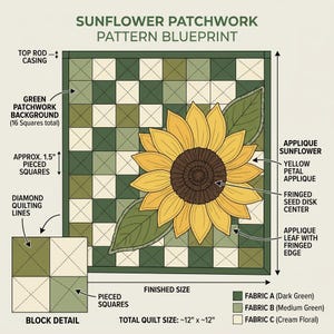 K&ouml;nnte beinhalten: Ein Sonnenblumen-Patchwork-Musterplan f&uuml;r einen 30,5 cm mal 30,5 cm gro&szlig;en Quilt. Er zeigt einen gr&uuml;nen Patchwork-Hintergrund aus 16 Quadraten, eine gelbe Sonnenblumen-Applikation mit brauner Mitte und gr&uuml;ne Bl&auml;tter. Enth&auml;lt Beschriftungen f&uuml;r die zusammengesetzten Quadrate, Rautenstepplinien und Stoffarten.