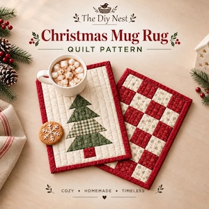 May include: Two rectangular quilted mug rugs featuring a Christmas tree design and a red and white checkered pattern. The text reads The Diy Nest Christmas Mug Rug Quilt Pattern. One rug displays a green tree on a cream background, while the other has a red and white grid. The set includes a white mug with marshmallows and a round cookie.