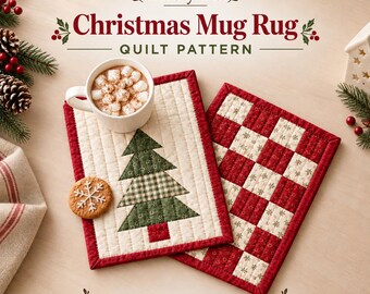 Christmas Mug Rug Pattern, Quilted Pine Tree Appliqué & Checkerboard Snack Mat, Beginner Sewing PDF Set of 2