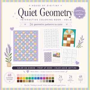 May include: House of Digitiny Quiet Geometry interactive colouring book volume 0 featuring 24 geometric patterns to colour. Includes 48 curated colours, 24 colouring pages, and 24 colour references. The design is printable and interactive for screen use.