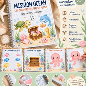Peut inclure: Un livret d'activités réutilisable à spirales intitulé Mission Océan, illustré avec une tortue, un dauphin, un poisson-clown, un hippocampe et un coffre au trésor. La couverture présente du texte, des icônes éducatives et des anneaux transparents.