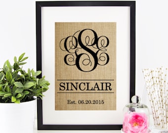 Personalized Wedding Gift for Couple | Rustic Wedding Decor | Gift for Bride Burlap Monogram Wedding Gift Last Name Establish Vine Monogram