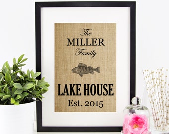 Lake House Decor | Lakehouse Sign | Lake Life Decoration | Burlap Print | Personalized Lake Sign | Fish Wall Art | House Warming Gift