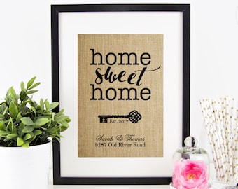 Home Sweet Home Burlap Print House Warming Gift New Home Housewarming Gift Custom Address Sign New Homeowner Real Estate Closing Gifts Agent