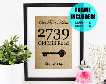 FRAME INCLUDED! Personalized Housewarming Gift | Our First Home Framed Burlap Print | House Warming Gift | Home Sweet Home Sign Closing Gift