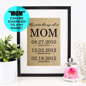 Personalized Birthday Gift for Mom | Mother's Day Gift | Burlap Print | Children Names & Birthdates Wall Art | My Greatest Blessings