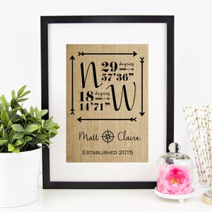 Personalized Wedding Gift for Couple | Latitude Longitude Sign | Burlap Print | Engagement Gift | Bridal Shower Gift | GPS Coordinates