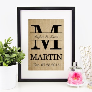 May include: A framed print with a burlap background featuring a large black letter "M" with the names "Stephen & Laura" and the last name "MARTIN" printed below. The date "Est. 07.25.2015" is printed below the last name.