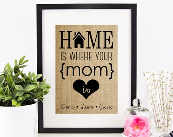 Personalized Mother's Day Gift | Gift for MOM | Burlap Print Birthday Gift for Mom | Children Names Wall Art | Home is Where Your MOM Is