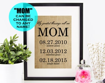 ON SALE! Personalized Mother's Day Gift Idea | Gift for Mom | Burlap Print | Birthday Gift for Mom | Childrens Name Signs | Dates Wall Art