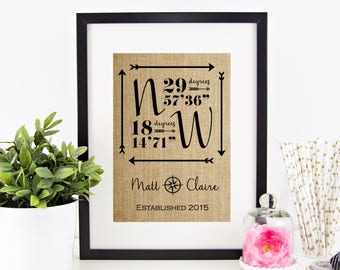 Personalized Wedding Gift for Couple | Latitude Longitude Sign | Burlap Print | Engagement Gift | Bridal Shower Gift | GPS Coordinates