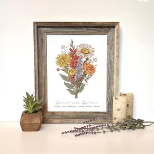 Textured linen paper cardstock print displaying floral bouquet including birth month flowers in a personalized arrangement with text below the bouquet saying Grandma's Garden and a list of names of grandchildren underneath