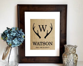 Personalized Anniversary Gift, Deer Antler Decor, Wedding Gift, Engagement Gift, Antler Monogram, Antler Wall Art, Vintage Sign, Home Decor