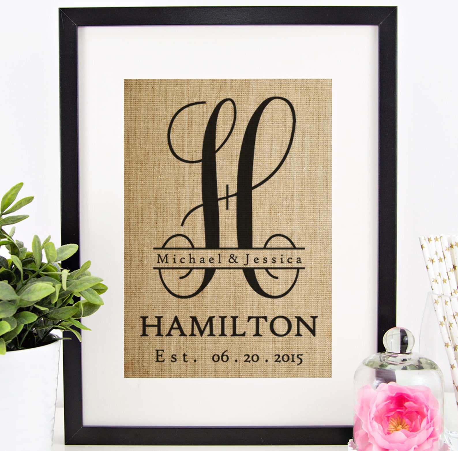 Burlap Monogram Monogrammed Gifts Personalized Wedding Gift for Couple