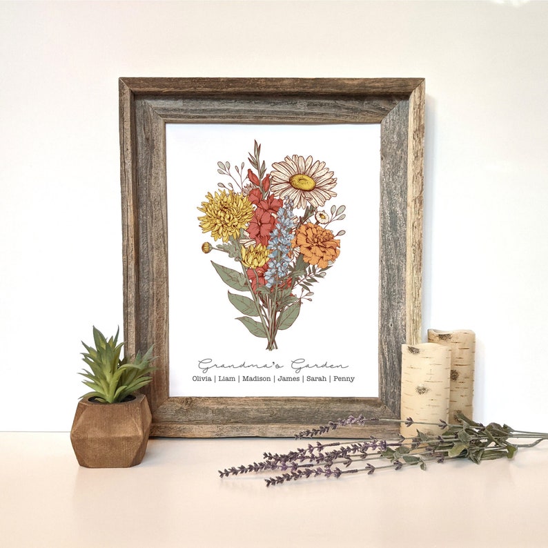 Textured linen paper cardstock print displaying floral bouquet including birth month flowers in a personalized arrangement with text below the bouquet saying Grandma's Garden and a list of names of grandchildren underneath