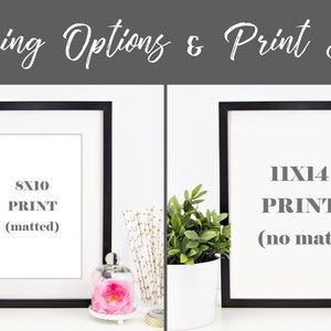 May include: Two black picture frames with white mounts, one with an 8x10 print and the text "8X10 PRINT (matted)" and the other with an 11x14 print and the text "11X14 PRINT (no mat)"