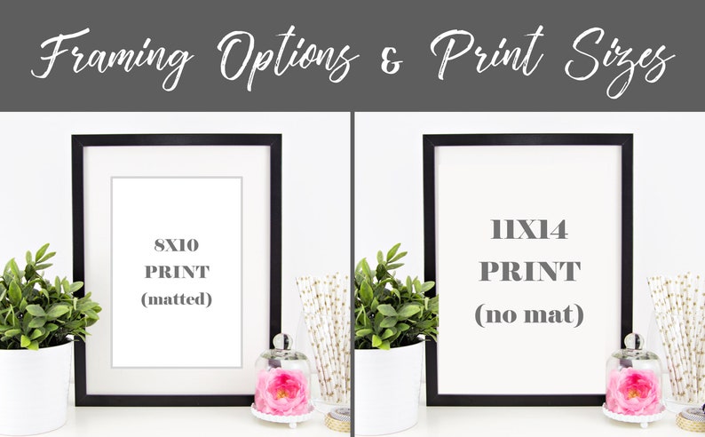 May include: Two black picture frames with white mounts, one with an 8x10 print and the text "8X10 PRINT (matted)" and the other with an 11x14 print and the text "11X14 PRINT (no mat)"