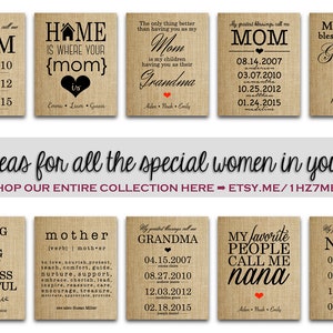 May include: A set of eight burlap prints with black text and red hearts. The prints feature different messages for mothers, grandmothers, and nanas, including "My greatest blessings call me Mom", "Home is where your {mom} is", "My favorite people call me Nana", and "Mother (verb) | mother".