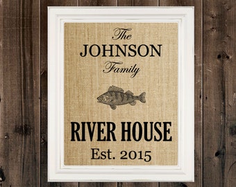Custom River House Sign River House Decor River Life Art Personalized Family River House Sign Decoration Housewarming Fish Burlap Print