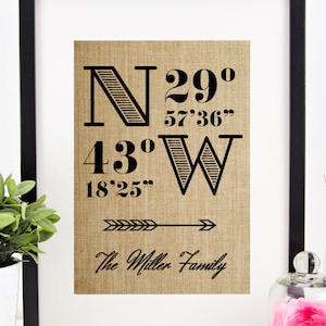 May include: A framed print on burlap fabric with black text that reads "N 29° 57'36" 43° 18'25" W" with an arrow pointing to the right and the text "The Miller Family".