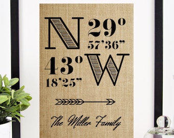 Latitude Longitude Burlap Print | Perfect Gift for Housewarming, Graduation Gift, or Going Away Present | Personalized Gift by Chatham Place