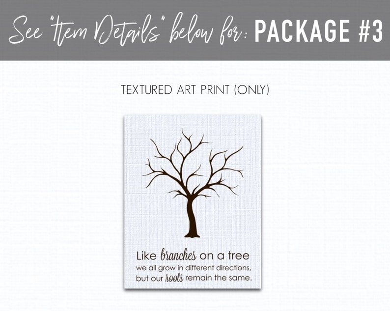 May include: A textured art print with a black silhouette of a tree with branches. The text reads "Like branches on a tree we all grow in different directions, but our roots remain the same."