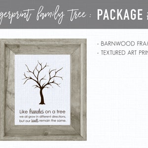 May include: A framed fingerprint family tree art print with a rustic barnwood frame. The print features a bare tree with the text "Like branches on a tree we all grow in different directions, but our roots remain the same."
