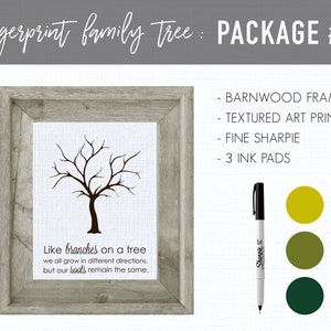 May include: A fingerprint family tree kit with a barnwood frame, textured art print, black fine point Sharpie marker, and three ink pads in yellow, green, and dark green.