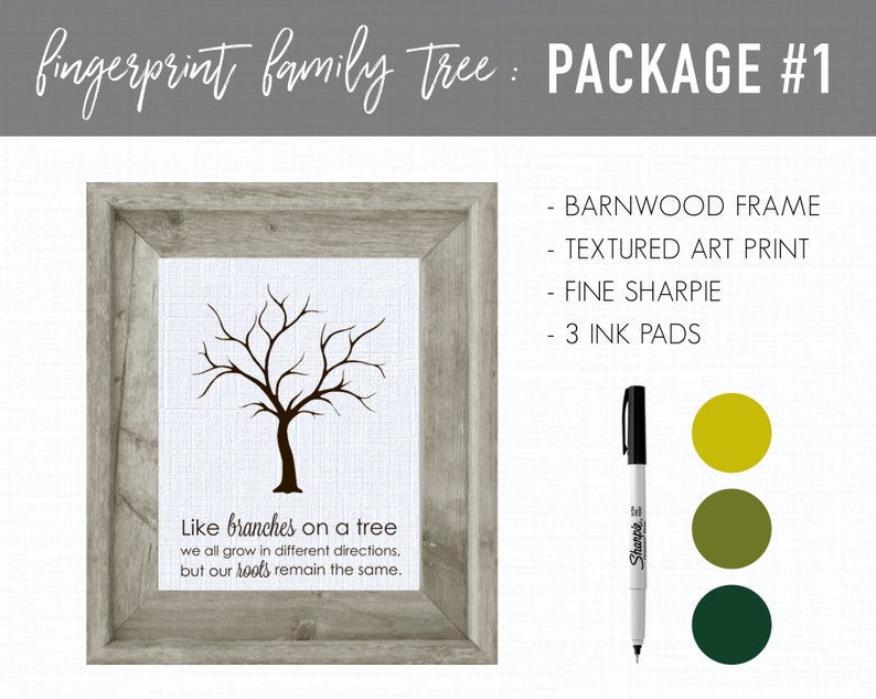 May include: A fingerprint family tree kit with a barnwood frame, textured art print, black fine point Sharpie marker, and three ink pads in yellow, green, and dark green.