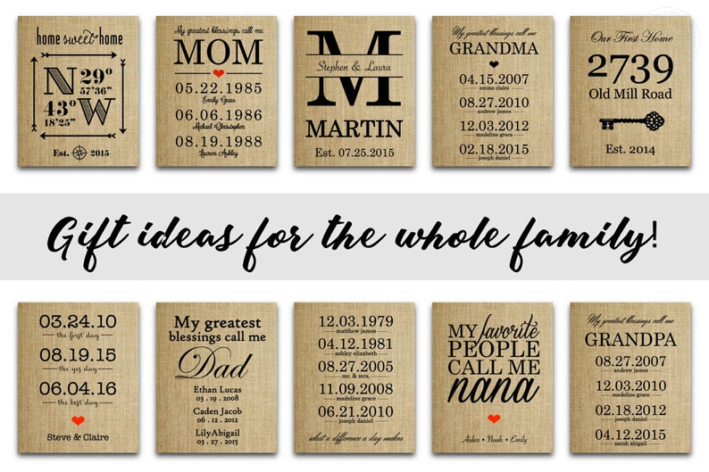 May include: A collection of eight burlap canvas prints with personalized text and dates. The prints feature different family titles, such as "Mom", "Dad", "Grandma", "Grandpa", and "Nana". Each print includes a heart and a list of dates, likely representing important family milestones.