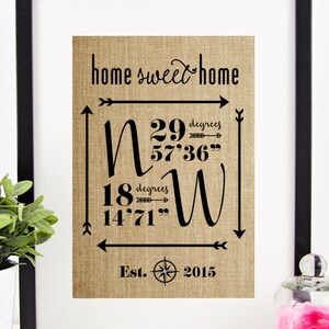 May include: A framed print on burlap fabric with the text "home sweet home" and coordinates: N 29 degrees 57'36" and W 18 degrees 14'71". The print also includes a compass and the text "Est. 2015".