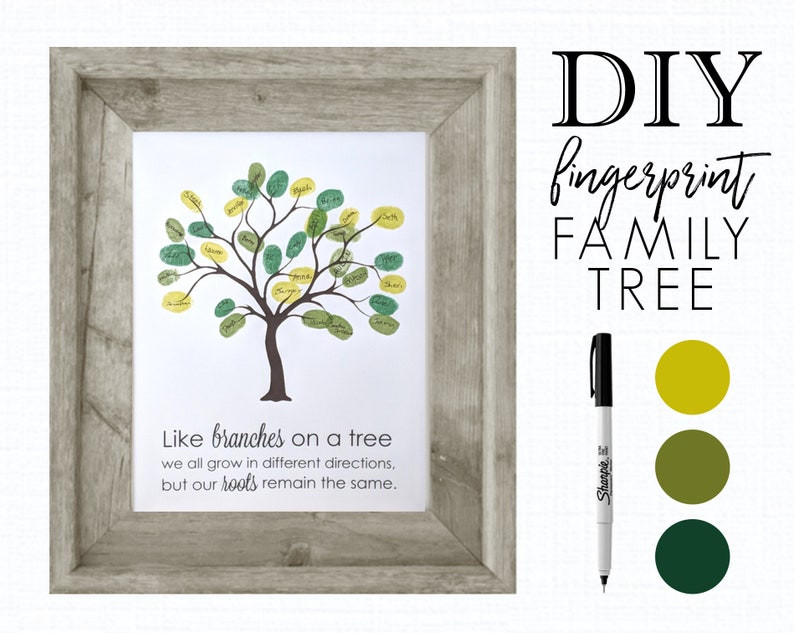 Puede incluir: Proyecto de manualidades de &aacute;rbol geneal&oacute;gico con huellas dactilares DIY con una impresi&oacute;n enmarcada de un &aacute;rbol con huellas dactilares verdes y amarillas, un marcador Sharpie negro y tres muestras de pintura en amarillo, verde oliva y verde oscuro.