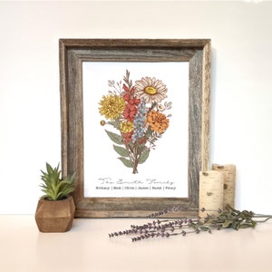 May include: A framed print with a floral bouquet of red, orange, yellow, and blue flowers. The text "The Smith Family" is below the bouquet, followed by a list of names: Brittany, Matt, Olivia, James, Sarah, Penny.