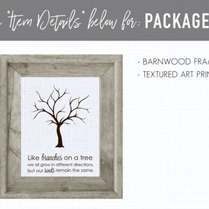 Puede incluir: Una impresi&oacute;n de arte enmarcada con una silueta negra de un &aacute;rbol con el texto "Like branches on a tree we all grow in different directions, but our roots remain the same." El marco es de madera marr&oacute;n claro con un acabado r&uacute;stico. La impresi&oacute;n est&aacute; en un lienzo texturizado.