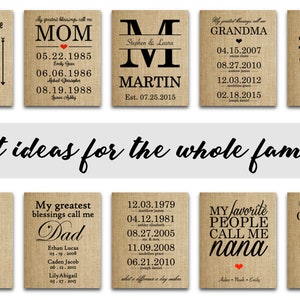 Puede incluir: Una colecci&oacute;n de ocho impresiones de arpillera personalizadas con varios t&iacute;tulos familiares, como "Mam&aacute;", "Pap&aacute;", "Abuela" y "Abuelo". Cada impresi&oacute;n presenta un t&iacute;tulo, fechas y nombres. Las impresiones son una gran idea de regalo para toda la familia.