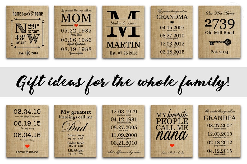 Puede incluir: Una colecci&oacute;n de ocho impresiones de arpillera personalizadas con varios t&iacute;tulos familiares, como "Mam&aacute;", "Pap&aacute;", "Abuela" y "Abuelo". Cada impresi&oacute;n presenta un t&iacute;tulo, fechas y nombres. Las impresiones son una gran idea de regalo para toda la familia.