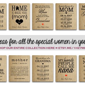 Puede incluir: Una colecci&oacute;n de ocho letreros de arpillera con diferentes mensajes para madres, abuelas y abuelas. Cada letrero presenta un mensaje diferente e incluye fechas. Los letreros son todos de estilo r&uacute;stico y ser&iacute;an un gran regalo para cualquier mujer especial en tu vida.