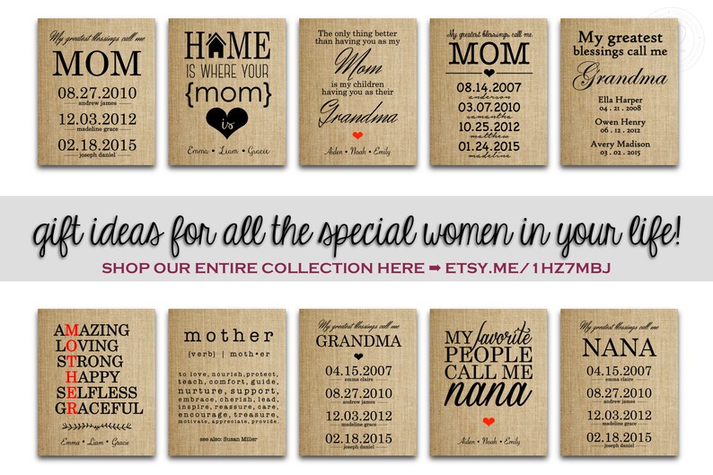 Puede incluir: Una colecci&oacute;n de ocho letreros de arpillera con diferentes mensajes para madres, abuelas y abuelas. Cada letrero presenta un mensaje diferente e incluye fechas. Los letreros son todos de estilo r&uacute;stico y ser&iacute;an un gran regalo para cualquier mujer especial en tu vida.