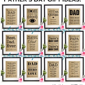 Puede incluir: Nueve impresiones de arpillera enmarcadas con marcos negros. Las impresiones presentan varios temas del D&iacute;a del Padre, que incluyen "Pap&aacute;", "El mejor pap&aacute; de todos los tiempos", "El hogar es donde est&aacute; tu pap&aacute;", "Los mejores pap&aacute;s son ascendidos a abuelo", "Mis mayores bendiciones me llaman pap&aacute;", "Lo que sucede en la cueva de hombre de Dave", "Pap&aacute;", "Pap&aacute;, el primer h&eacute;roe de su hijo", "Mis mayores bendiciones me llaman pap&aacute;".