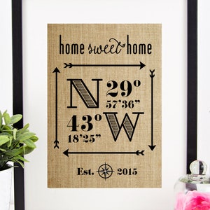 May include: A framed print on burlap fabric with the text "home sweet home" and coordinates "N29&deg; 57'36" 43&deg; 18'25" W" and "Est. 2015".