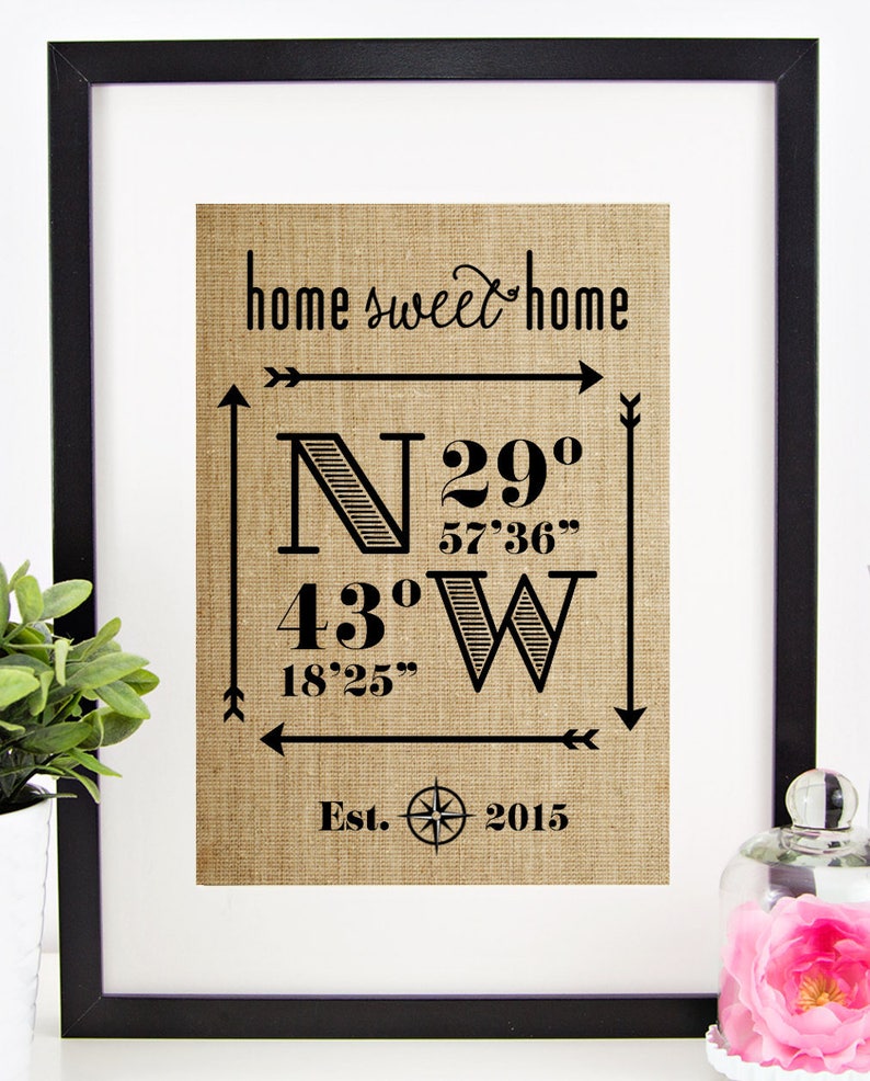 May include: A framed print on burlap fabric with the text "home sweet home" and coordinates "N29&deg; 57'36" 43&deg; 18'25" W" and "Est. 2015".